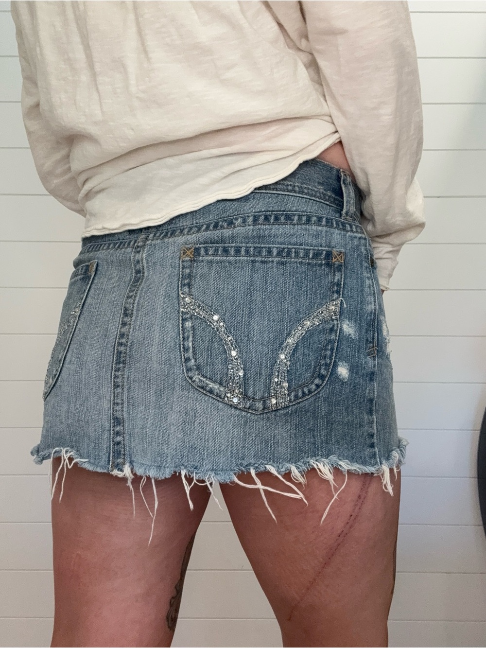 Y2K Hollister Light Blue Distressed Denim Mini Skirt with Sequin Back Pockets